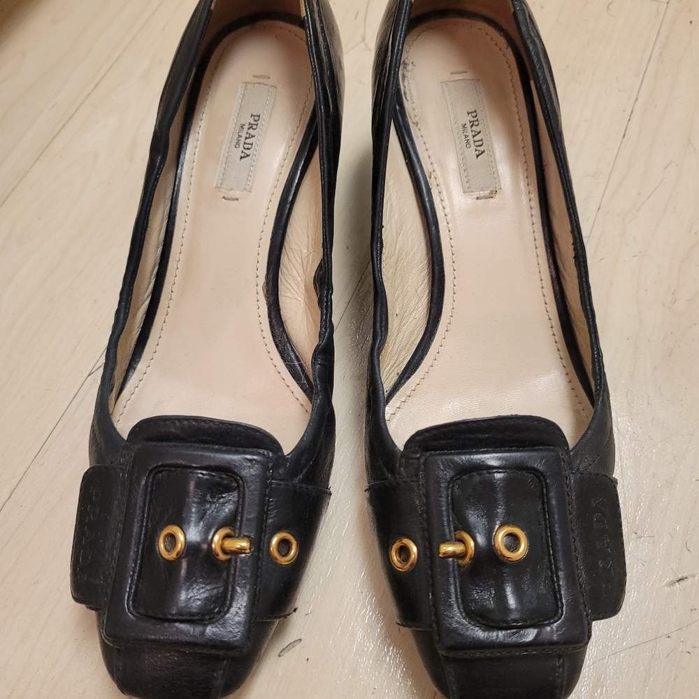 Prada Black Leather 1.5" Heels with Buckle